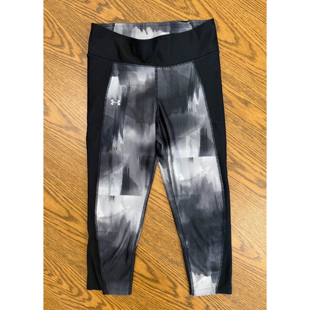 Under Armour HeatGear Cropped Leggings Black Grey Abstract Print Mesh Trim Small